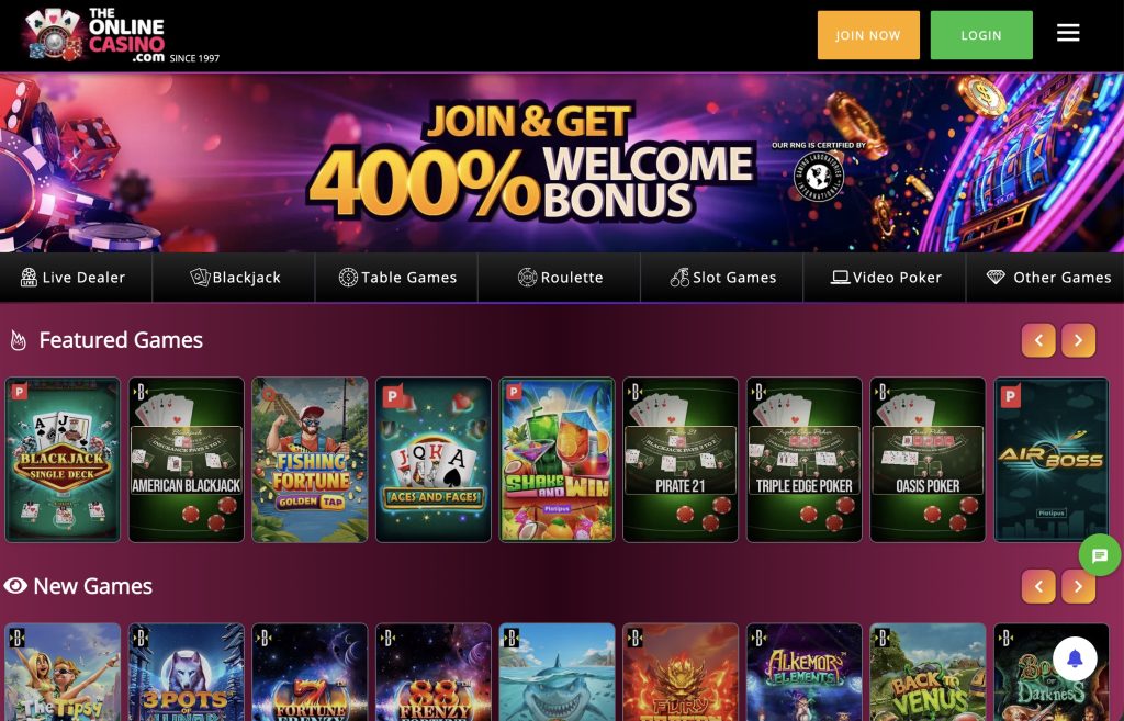 TheOnlineCasino Featured Games Screen
